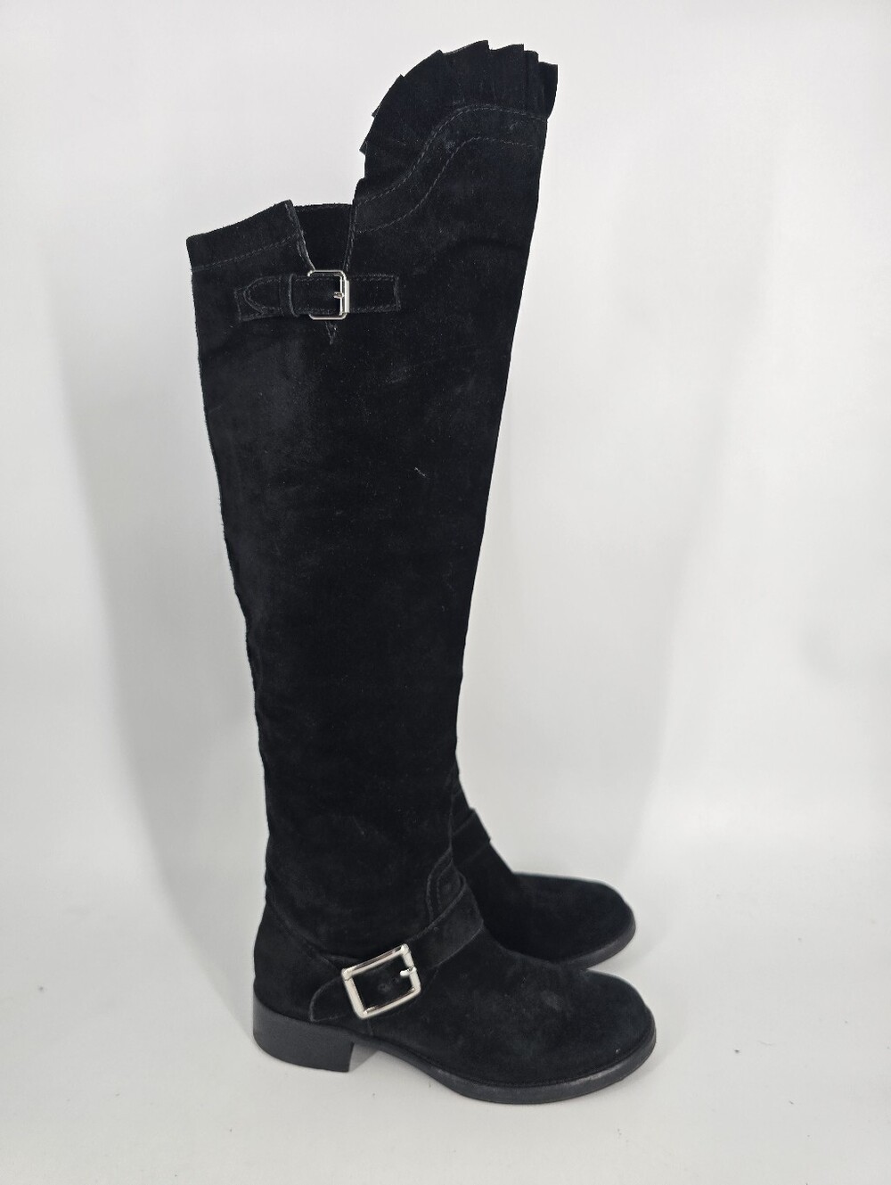 Valentino Garavani Black Suede Ruffle Trim Over the Knee Boots Buckles Size 37